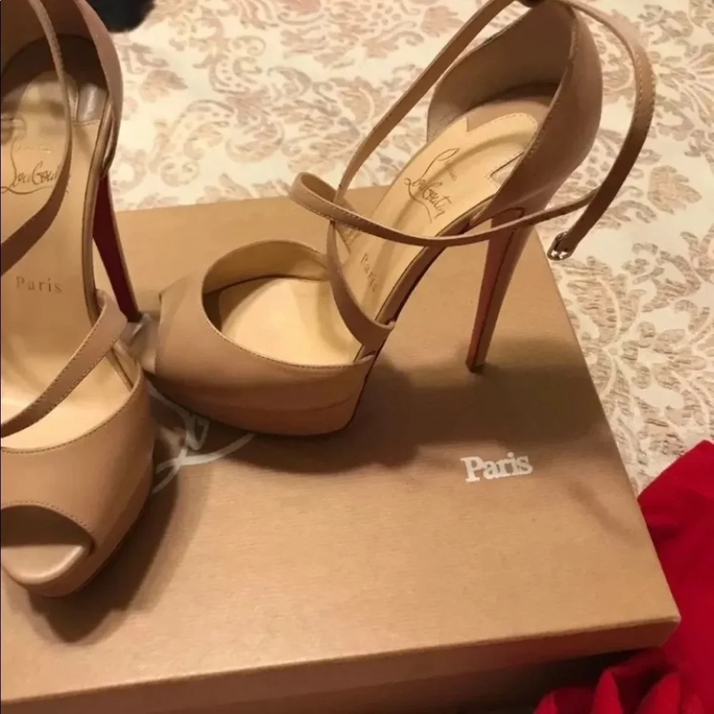 Christian Louboutin Nude Beige Platform Peep-Toe Ankle Strap Pumps